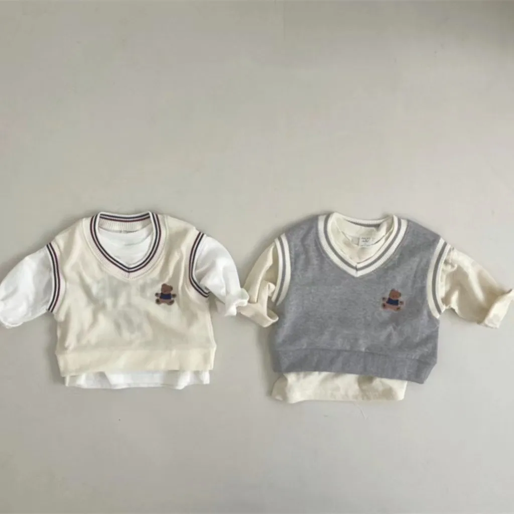 

T22352 New Korean Style Comfortable Knitted V-Neck Sweater Vest for Spring Autumn Unisex Baby Toddler All-Season Wear