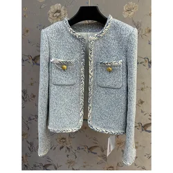 French Wool and Tweed Blended Ladylike Round Neck Short Elegant Coat High-Grade Haze Blue Wool Knitted Exquisite Slim Jacket