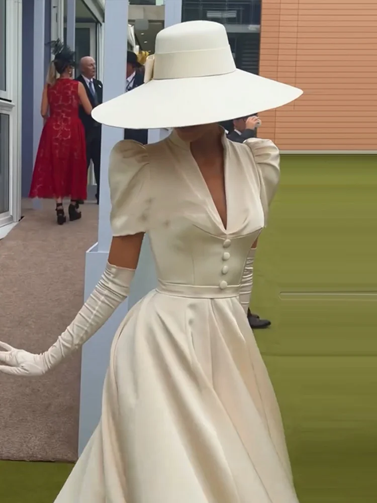Tief Ausgeschnittenes Tailliertes Langes Kleid mit Weitem Rock für Damen Sexy Puffärmel Einfarbiges Schlankes Abendkleid Charmante Damenkleider – Detail 23