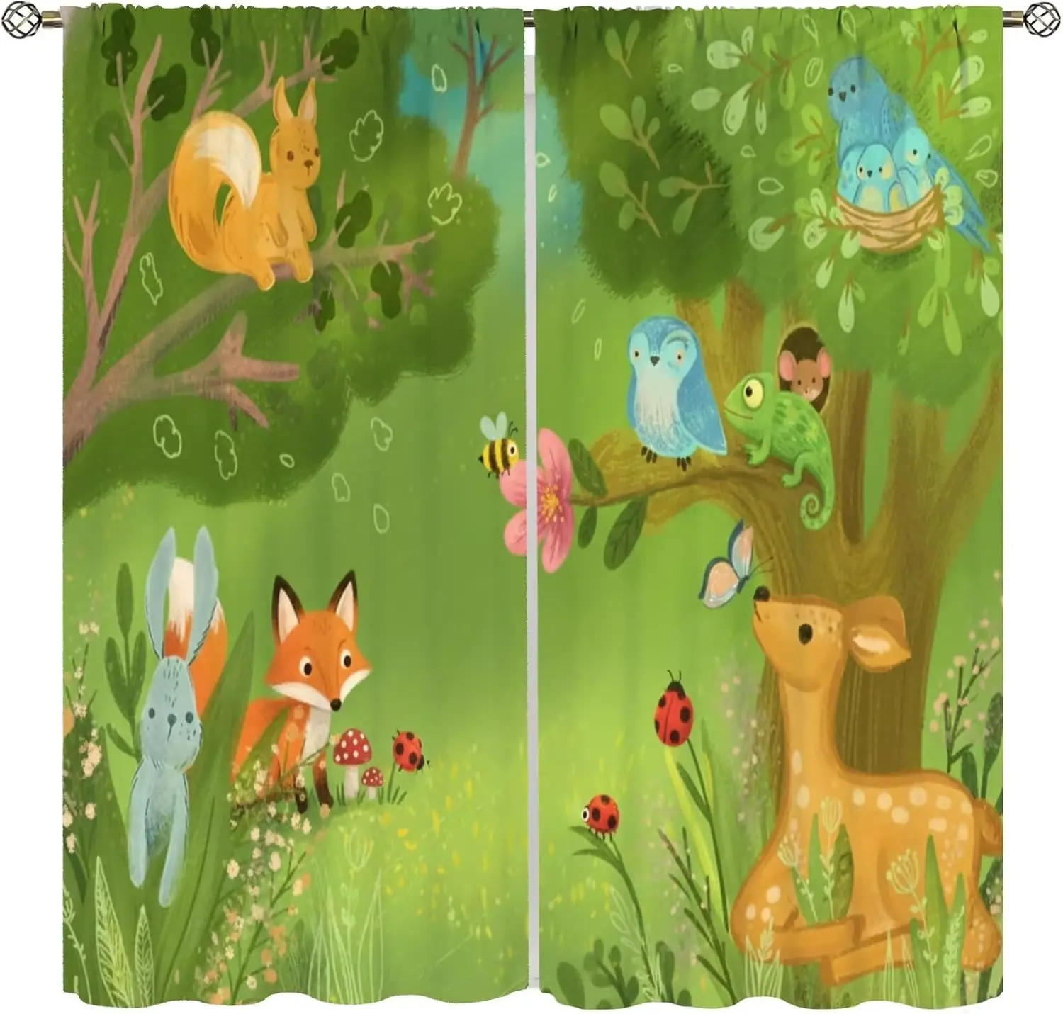 Whimsical Woodland Animal Curtain Panel Translucent Forest Scene Nursery Decor Kids Room Watercolor Window Dressing