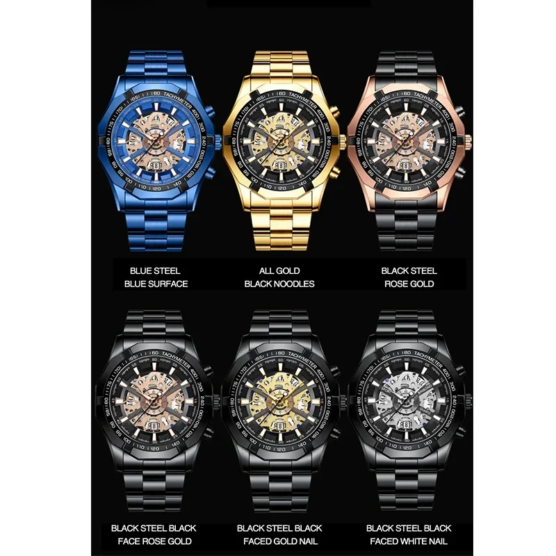 BINBOND Mens นาฬิกาควอตซ์แบรนด์หรูสแตนเลสกันน้ํา Hollow Out Blue Big นาฬิกาข้อมือชาย Relogio Masculino