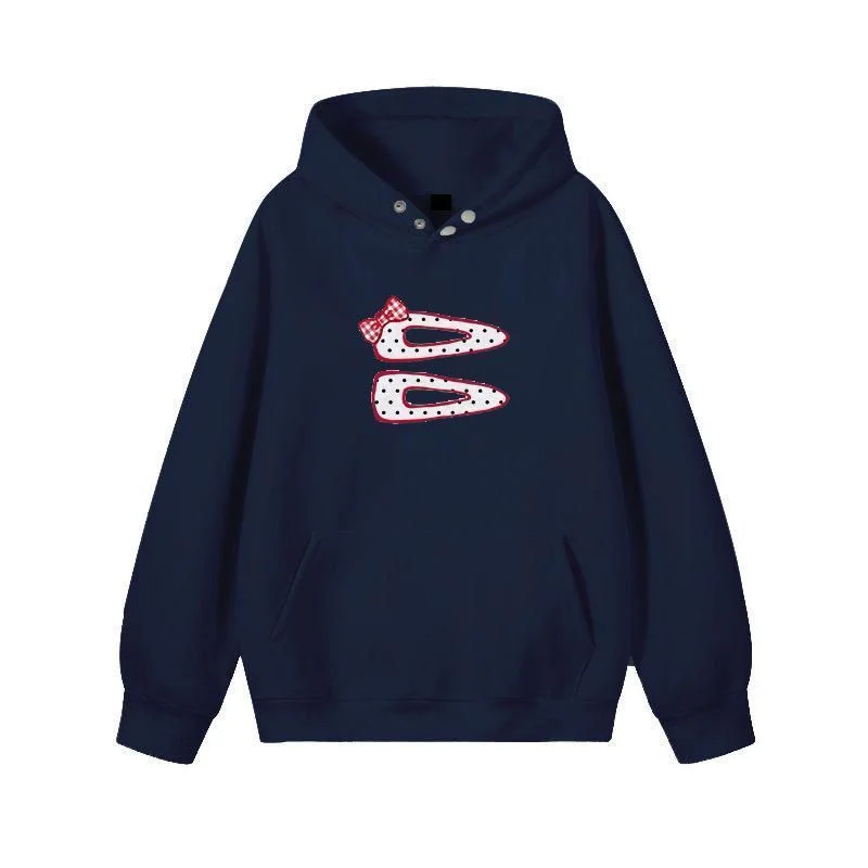 Zoete stijlvolle bedrukte sweatshirts met capuchon herfst winter streetwear knop dameskleding casual zakken gesplitste losse hoodies