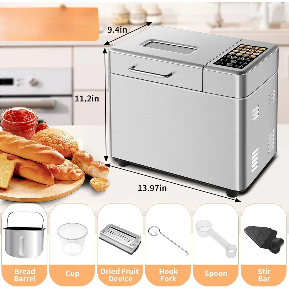 HAOYUNMA Stainless Steel Bread Maker with Fruit and Nut Dispenser, Nonstick Ceramic Pan, 3 Loaf Sizes & Touch Panel Recipes