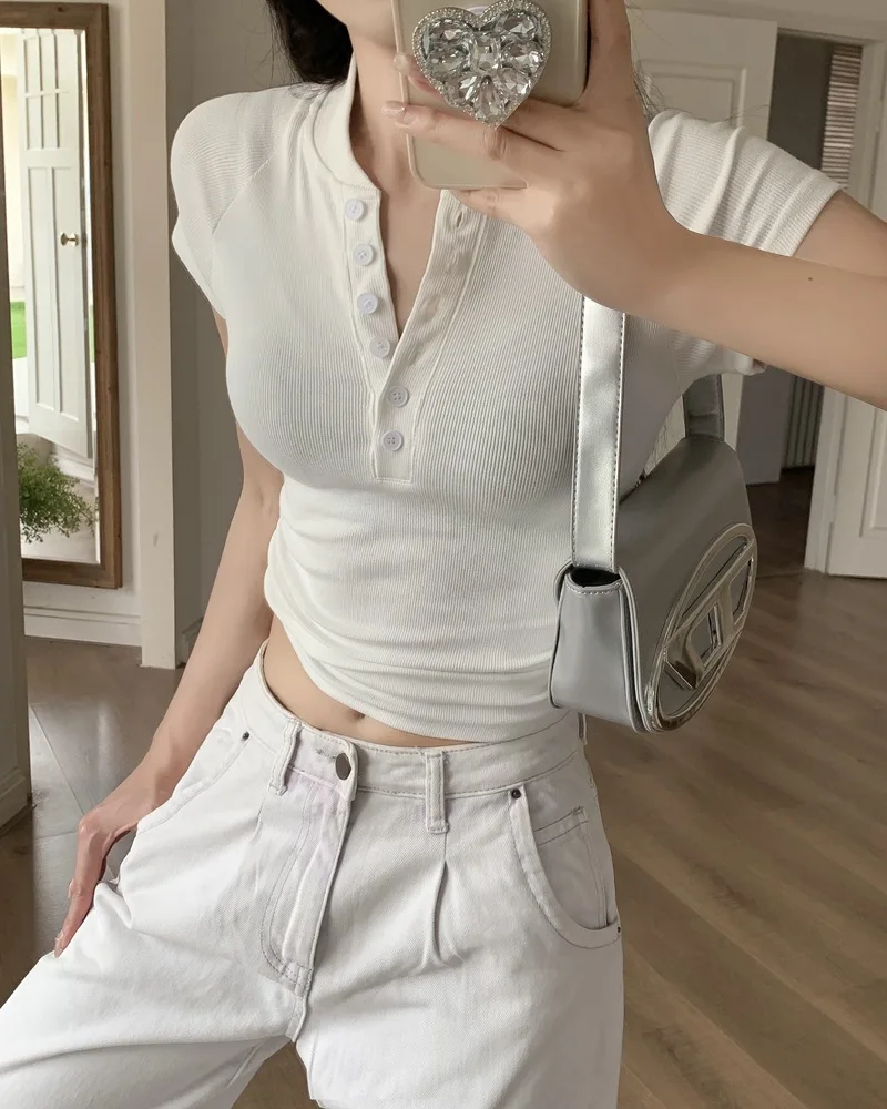 Summer V-neck women's t-shirts y2k kpop gothic harajuku vintage Crop Tops funny Buttons Sexy Korean Fashion cheap clothes Woman