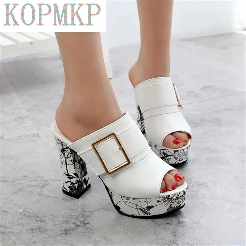 3Color Fashion Summer Women Elegant Buckle High Heel Sandals Peep Toe Platform Shoes Sexy Chunky Heel Shoes Lady Thick Heel 40