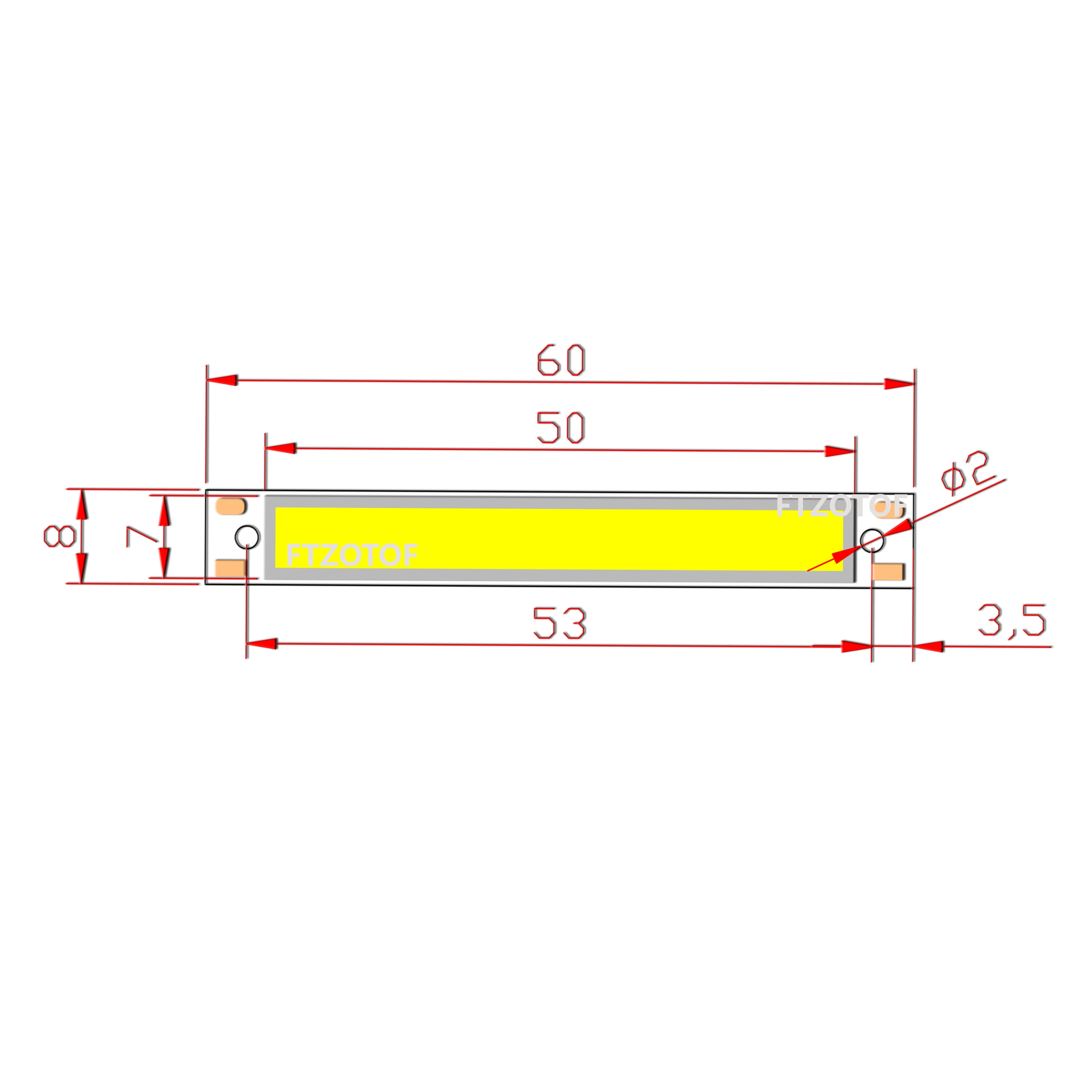 10 sztuk/partia 2V 3V LED COB 60x8mm Chip na pokładzie ciepła chłodna biała niebieska czerwona żarówka 1.5W 3W DC 3.7V do pracy lampka rowerowa LED