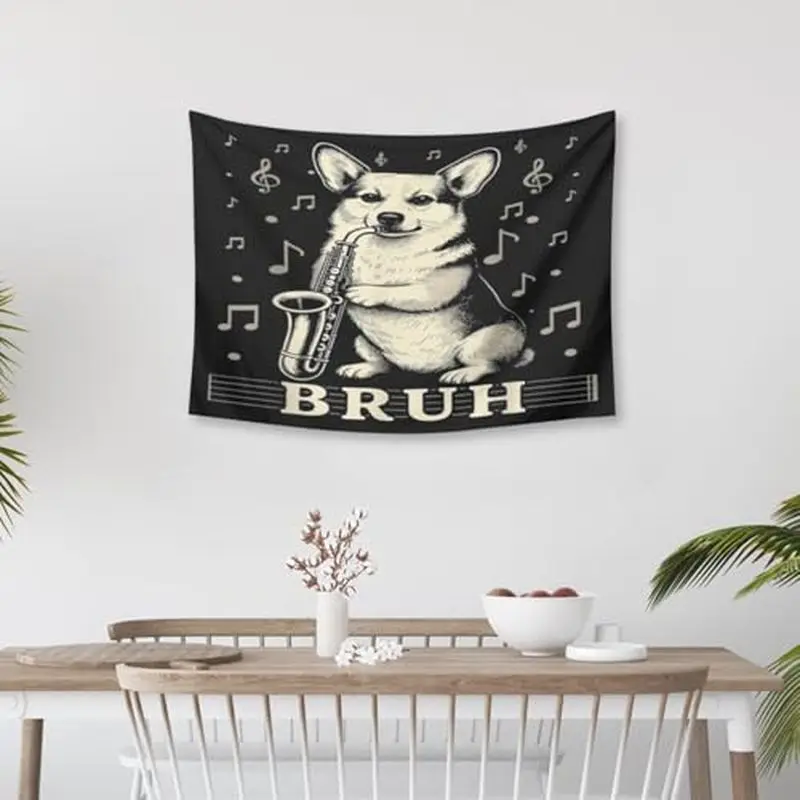 VIKAMA Funny Corgi Playing Saxophone Tapestry, Cute Dog Wall Hanging, Aesthetic Wall Decor for Bedroom Dorm Living Room