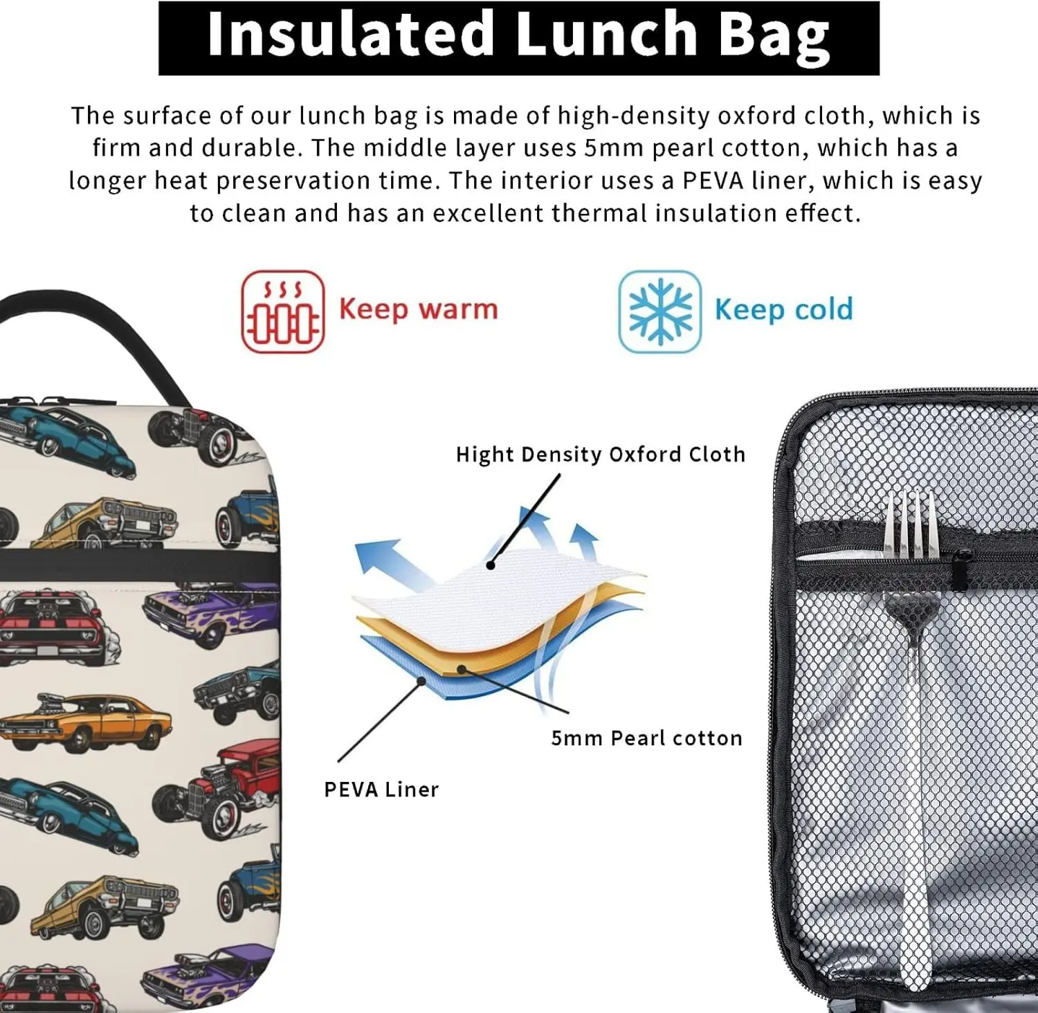 Cars Vintage Colorful Theme Lunch Bag Insulated Lunch Box for Toddler Boys Kids Cars Lunch Box for Work Picnic School Travel