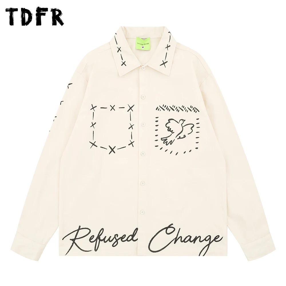 

Letter Print Short Sleeve Shirts Man Autumn Retro Casual Loose Lapel Single Breasted Cotton Shirts Man
