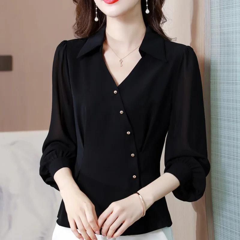 #2541 Spring Black Office Chiffon Blouse Women Long Sleeve V-neck Buttons Irregular Short Blouse Female Regular Fit Elegant