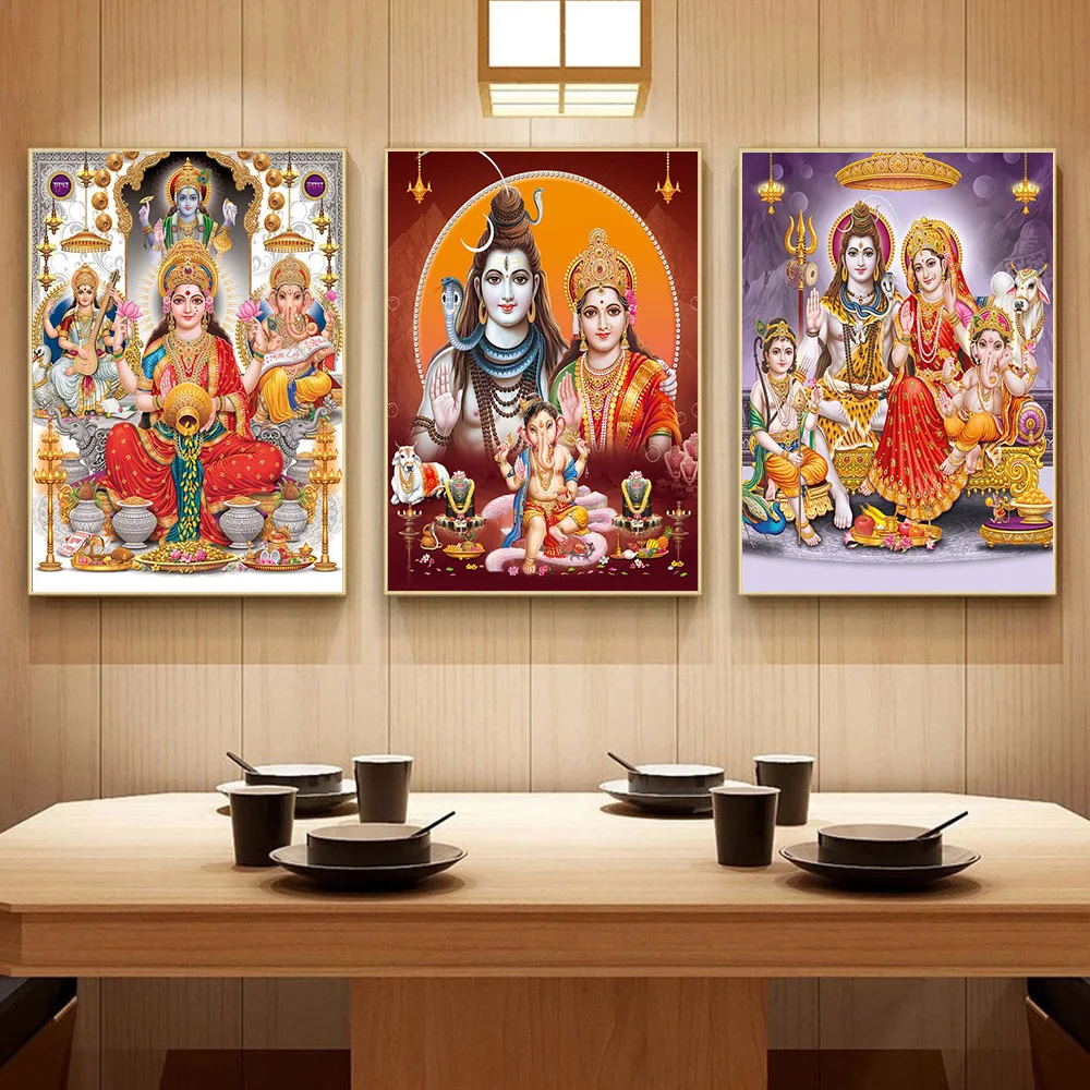 Religion Elephant God India Hinduism Ganesha Painting Canvas Durga Golden Zari Art Poster Prints Living Room Home Decor Pictures