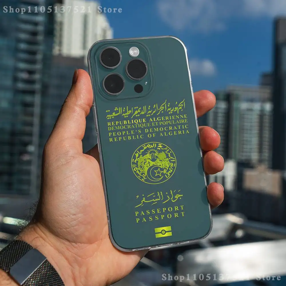 アルジェリアパスポート柄 iPhoneケース iPhone 17,16,15,14,13,12,11 Pro,Max,Plus,X,XS,XR,SE4,E Mini対応 透明ソフトカバー