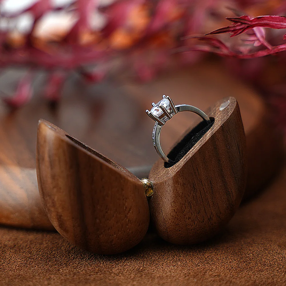 Black Walnut Heart Shaped Ring Box Engravable Wedding Engagement Proposal Jewelry Storage Organizer Gift For Bride