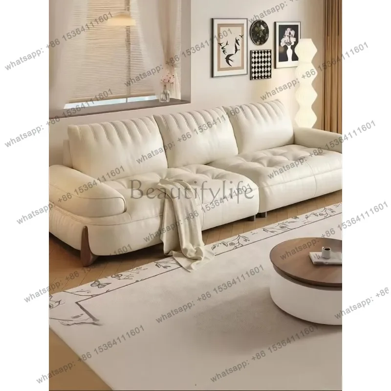 YJ Modern simple living room 2026 new medieval cream wind white leather sofa small apartment straight row sofa home furniture