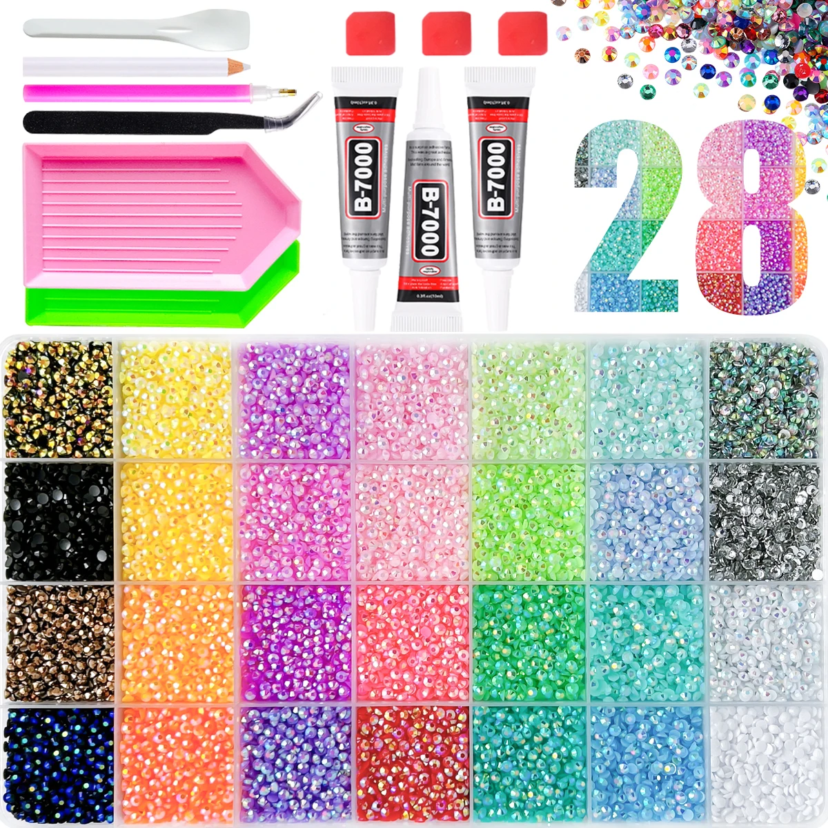 1Box Dopamine Colored 3mm Mini Flatback Shinny Nail Rhinestones 28-Colors Semi-circular AB Resin Nail Rhinestones Charms for DIY
