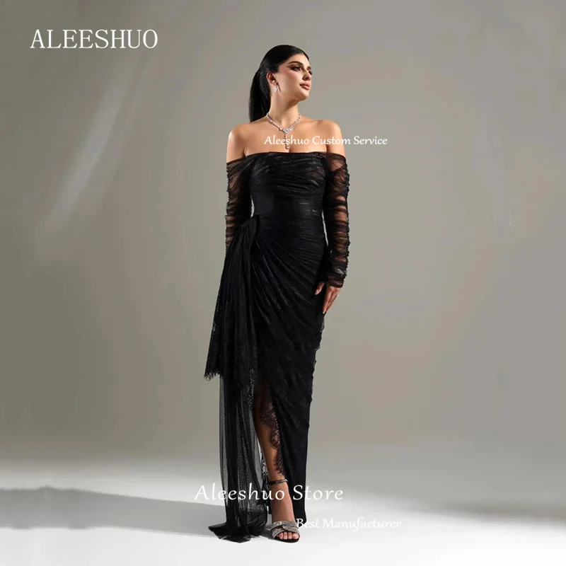 فستان سهرة من Aleeshuo باللون الأسود بتصميم حورية البحر من الدانتيل بسيط بدون أكتاف وفتحة جانبية للحفلات الراقصة مثير بدون ظهر مخصص