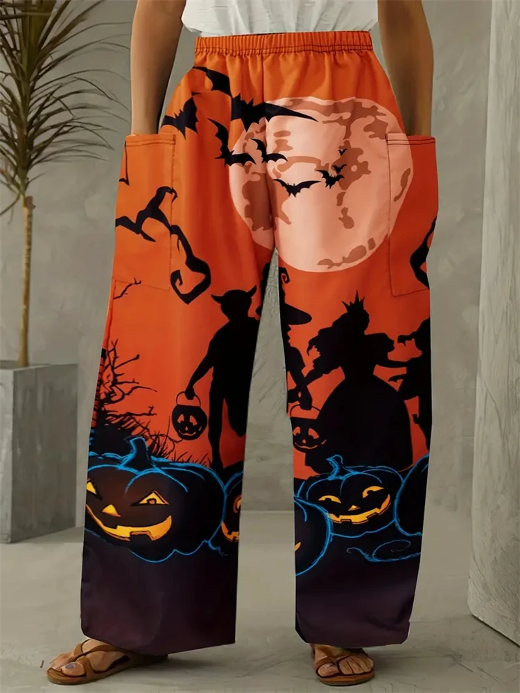 Fashion Cartoon Pumpkin Printed Loose Pants Casual Elastic Waistband Convenient Pockets Comfortable Women's Halloween Costumes