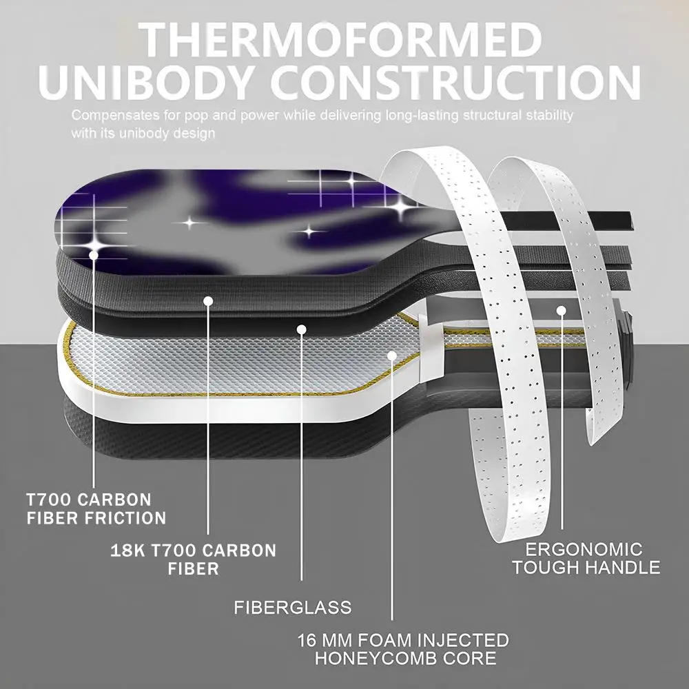 Purple Star Pickleball Paddle Set USAPA goedgekeurd T700 koolstofvezel Unibody thermogevormd met 16MM honingraatkern Power & Spin