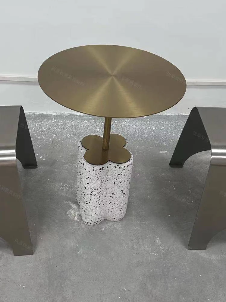 New cement edge table, tea, milk tea, coffee shop, terrazzo stainless steel small round table, sofa corner table