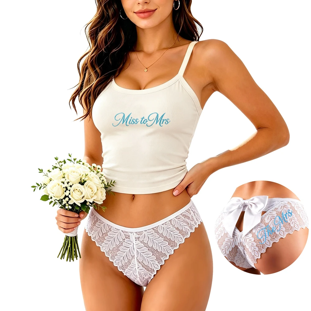 Personalized Name Embroidery Bridal Lingerie Set for Women Custom Lace Camisole and Panties Wedding Honeymoon Gift