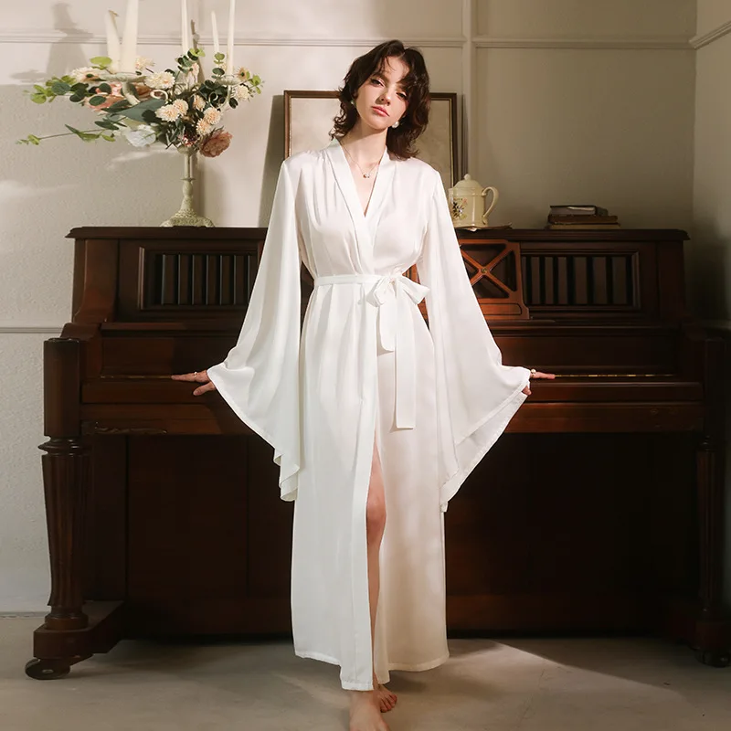 

Floor Length Women's Bell Sleeve Robe Silky Satin Dressing Gown Brides Bridesmaid Wedding Robes Sexy Lingerie Boudoir Kimono