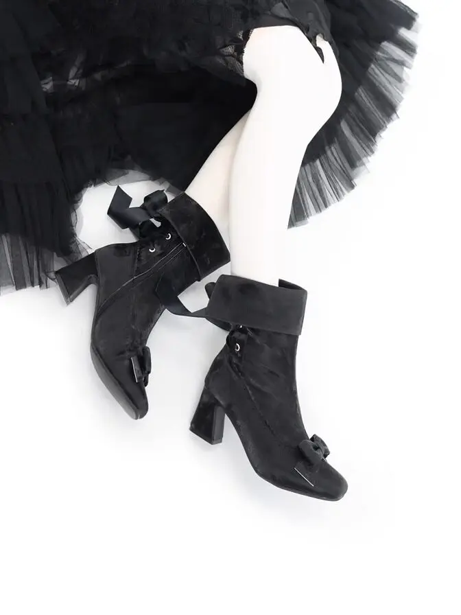 Japanese Original Retro Medium Heel Short Boots Fleece Boots Daily Elegance Cla Series Lolita Bow High Heels women Boots Winter