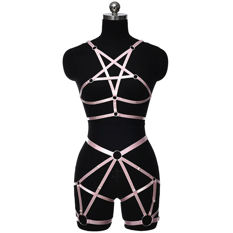 Bondage White Pentagram Body Harness Set Gothic Sexy Open Chest Lingerie Cage Bra Elastic Adjust  Harness High Waist Garter Belt