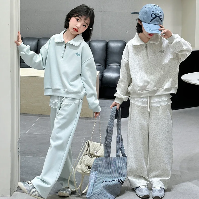 

Autumn Kids Girls Sets Turn Down Collar Sweatshirt+Drawstring Elastic Waist Sweatpant Baby Girls Sets Children Girl 2pcs Sets