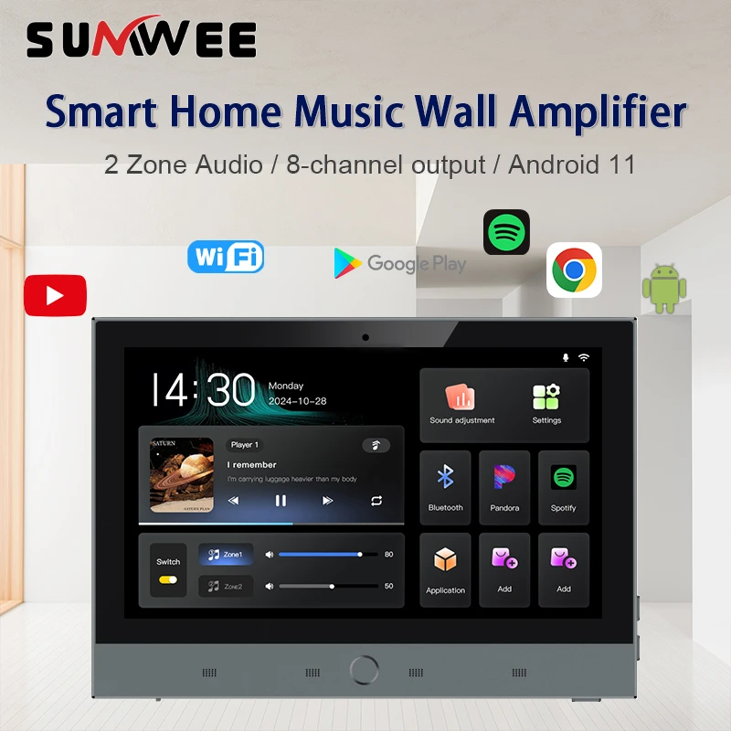 smart home Android 11 system 2 zone audio in wall amplifier WiFi TUYA controls panel touch screen bluetooths sound music player