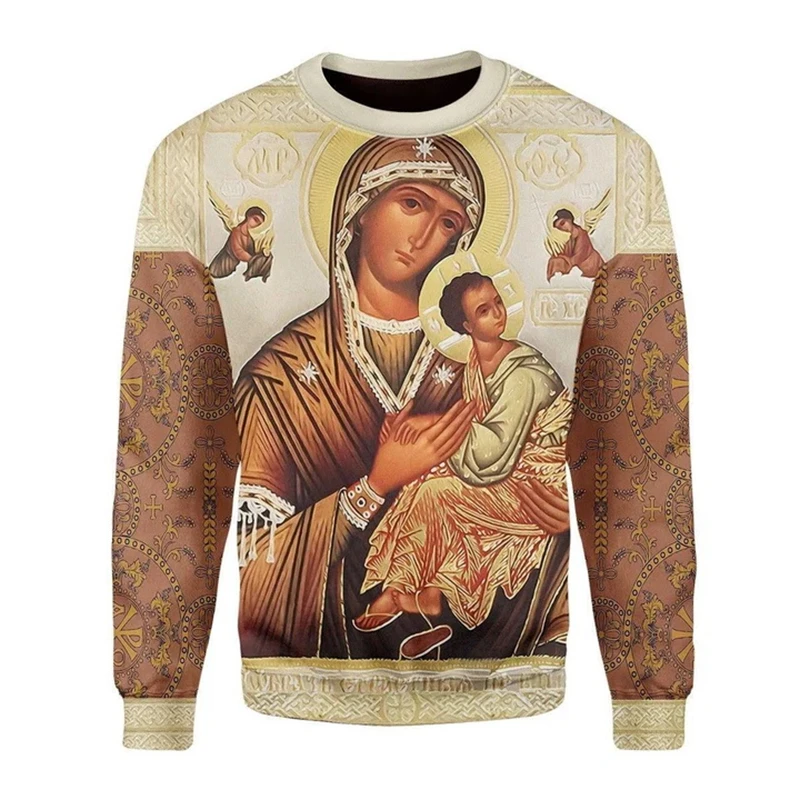 Newest Blessed Virgin Mary Casual 3D Print Sweatshirt Men Women Vintage God Jesus Crew Neck Hoodies Casual Men Clothing Pullover