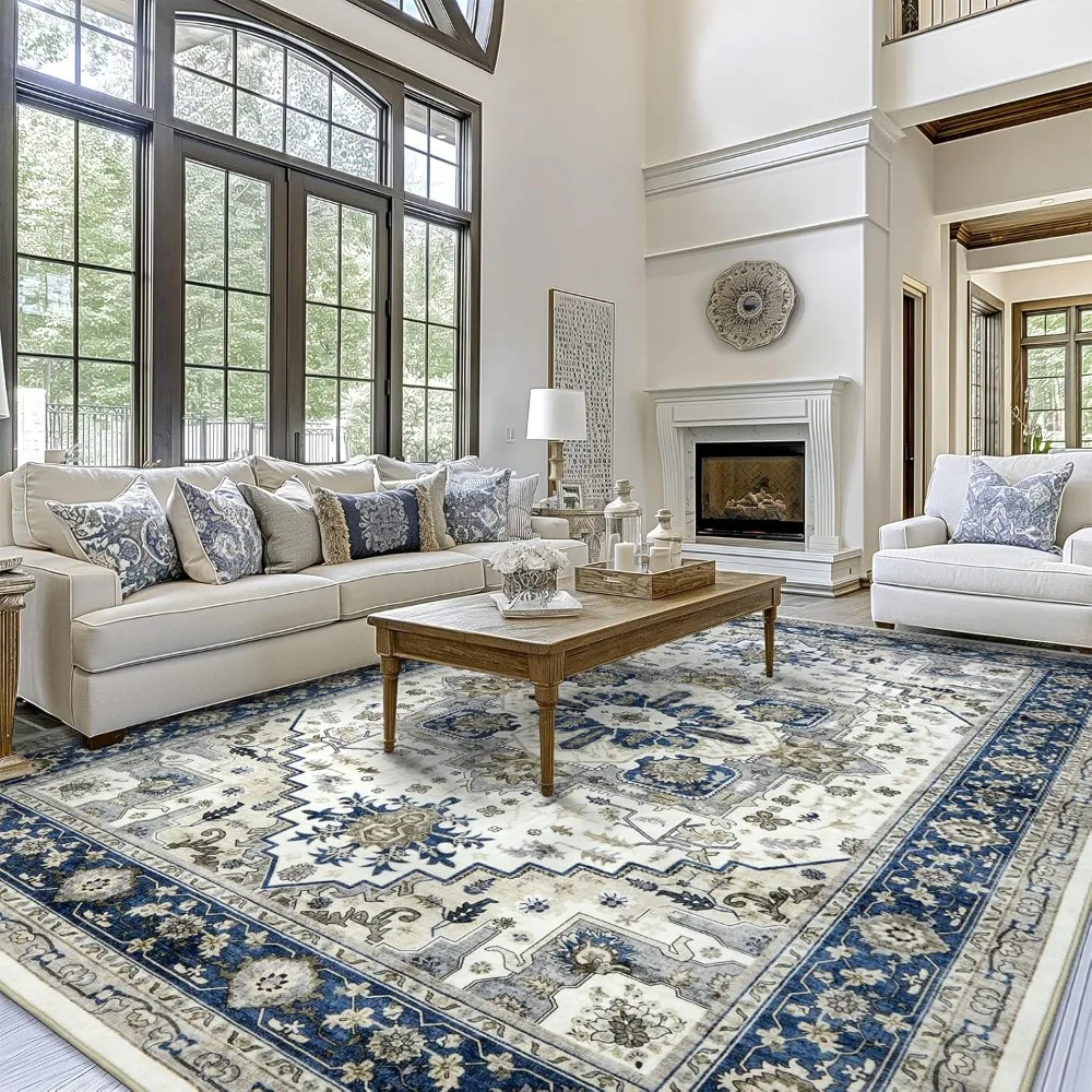 

Area Rugs For Living Room 10x14 - Extra Large Machine Washable Vintage Oriental Soft Rug, Low Pile Thin Carpet With Non Slip Bac