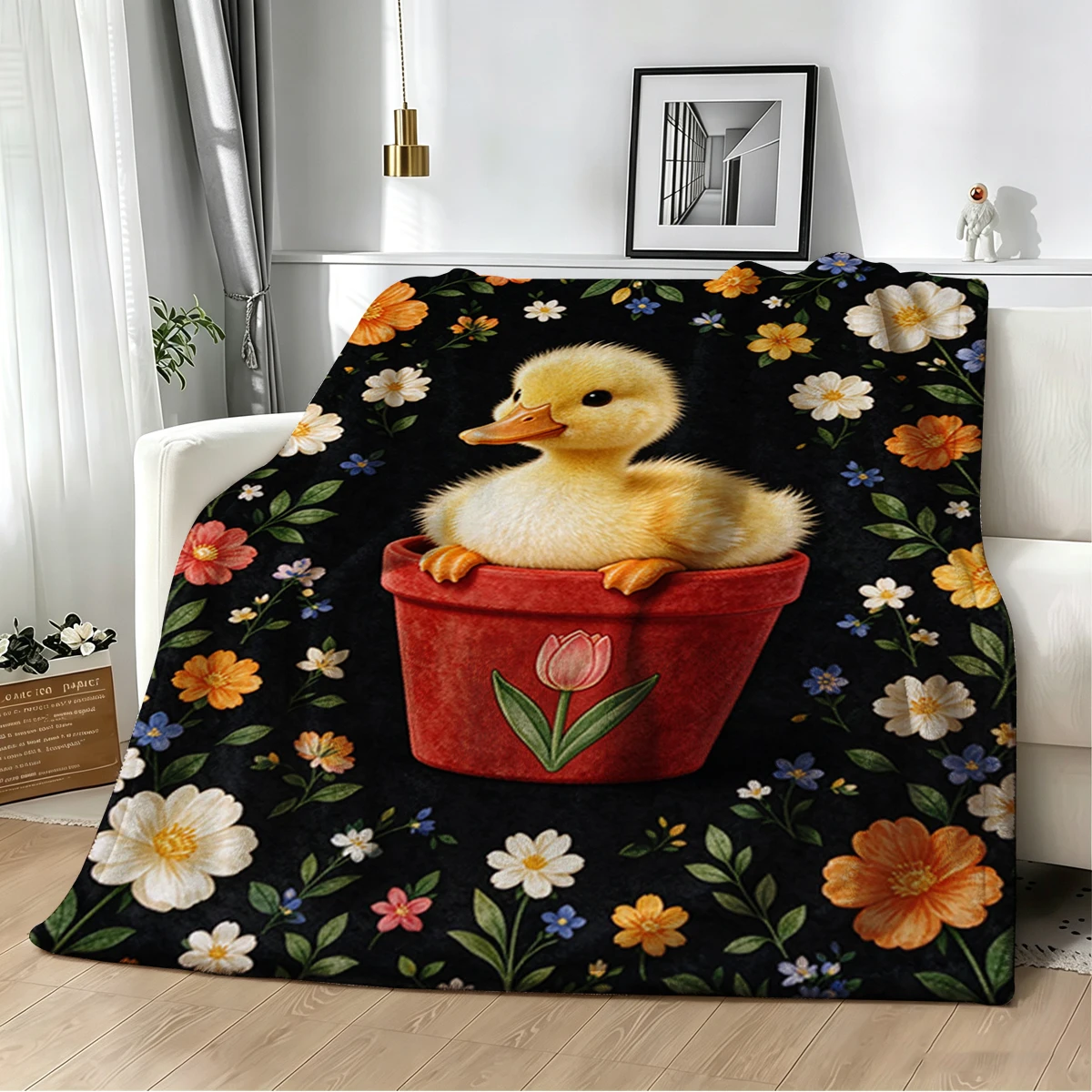 Duck Red Pot Blue Flowers Flannel Blanket Warm Soft Halloween Christmas Decorative Couch Warm Cozy All-Season Gift