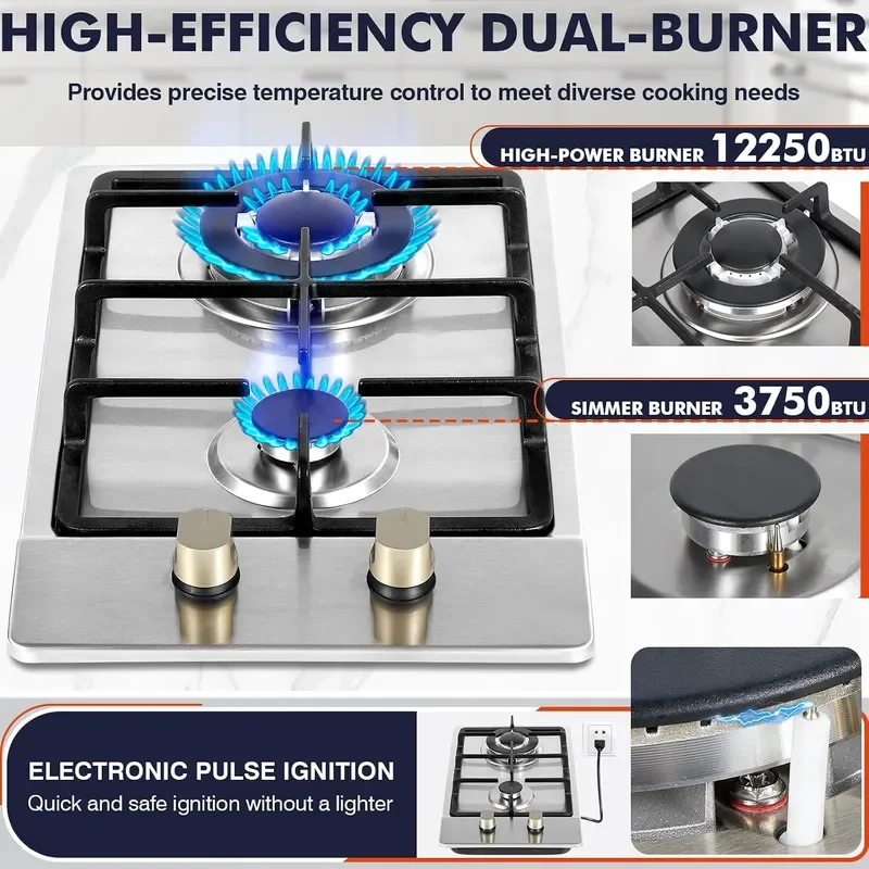 Gas Stove 12 Inch Propane Cooktop 2 Burner Portable Gas Cooktop Stainless Steel Dual Fuel LPG NG Convertible with