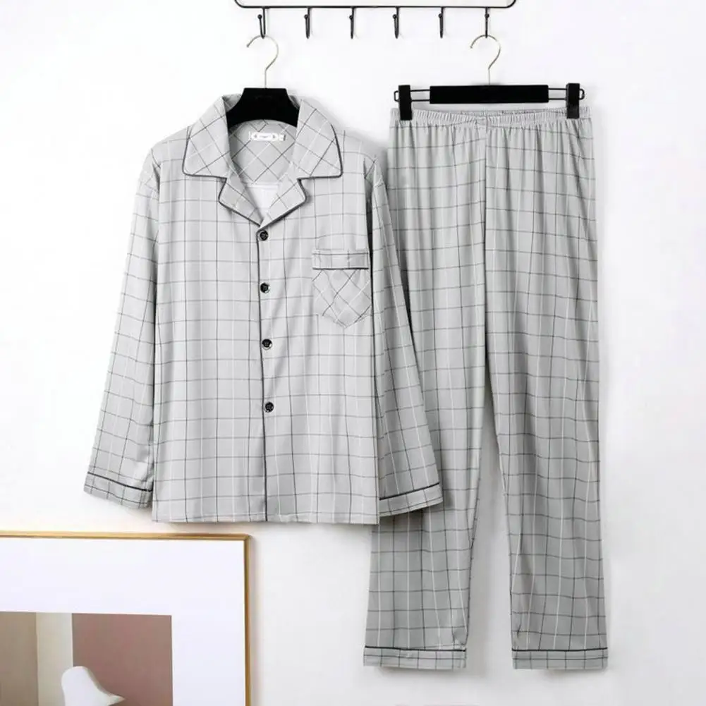 Conjunto de pijama xadrez listrado masculino, lapela combinando cores, de peito único, manga longa, outono e inverno