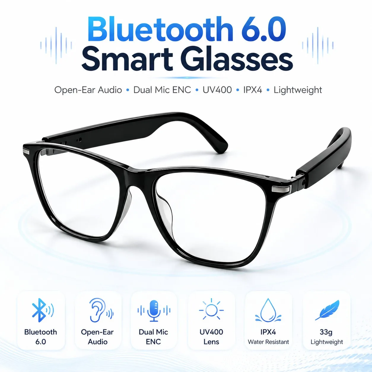 

Bluetooth 6.0 Smart Audio Glasses Open Ear Wireless Sunglasses Dual Mic ENC 10H Playback for Driving Cycling Outdoor Use