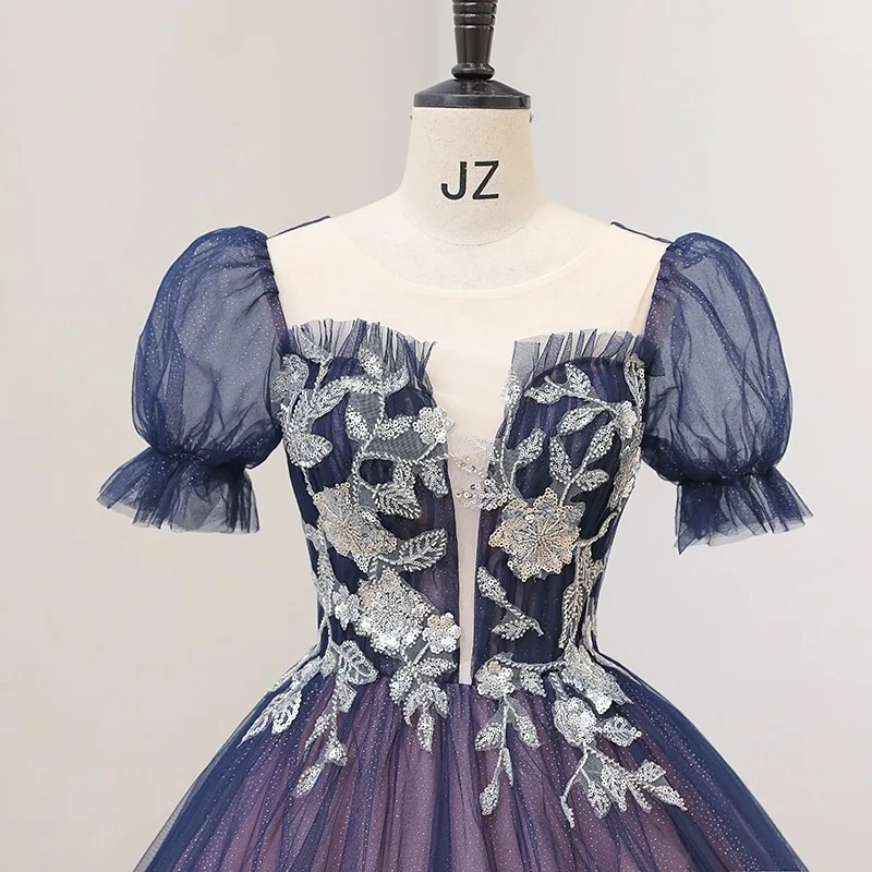 Vestidos De Quinceañera De princesa azul marino, manga corta, cuello en V, apliques De lentejuelas, fiesta dulce 16, 15 Años