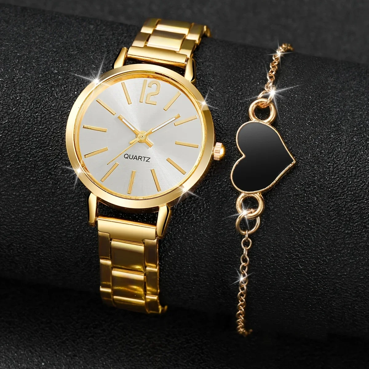 2pcs Business Fashion Quartz Watch Elegant Golden Wrist Watch & Heart Charm Bracelet Set R Gifts For Eid