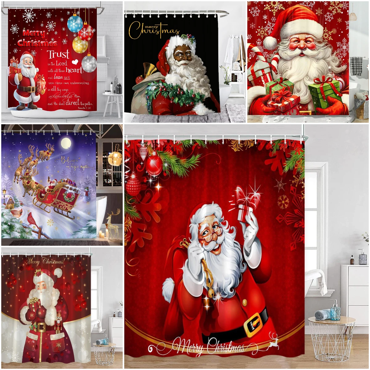 

Santa Claus Christmas Red Shower Curtain Happy New Year Gifts Deer Bathroom Decor Winter Holiday Polyester Fabric Bath Curtain