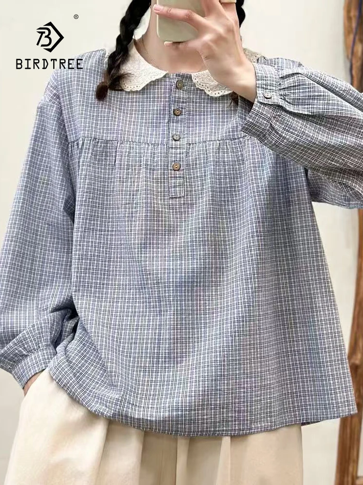 

New 2026 Spring Women Cotton Long Sleeve Shirt, Turn-down Collar Print Lace, Mori Girl Vintage Sweet Chic Loose Blouse T63518CC