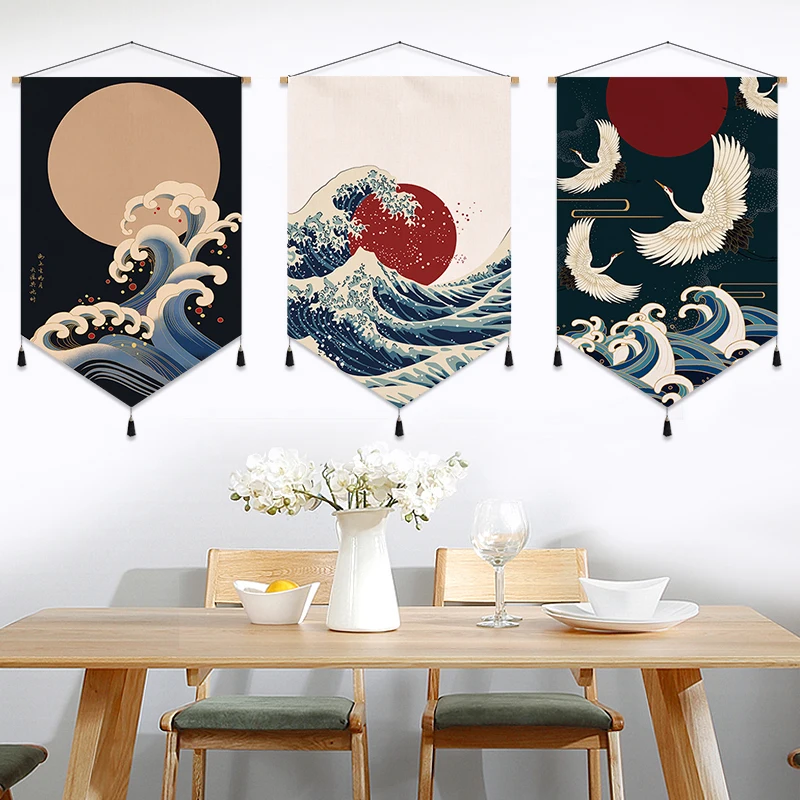 نسيج حائط Ukiyo-e - Maneki Neko، ديكور قماش Mount Fuji & Sakura لـ BnB، المطعم وغرفة النوم، فن التمرير الجمالي للغرفة #4