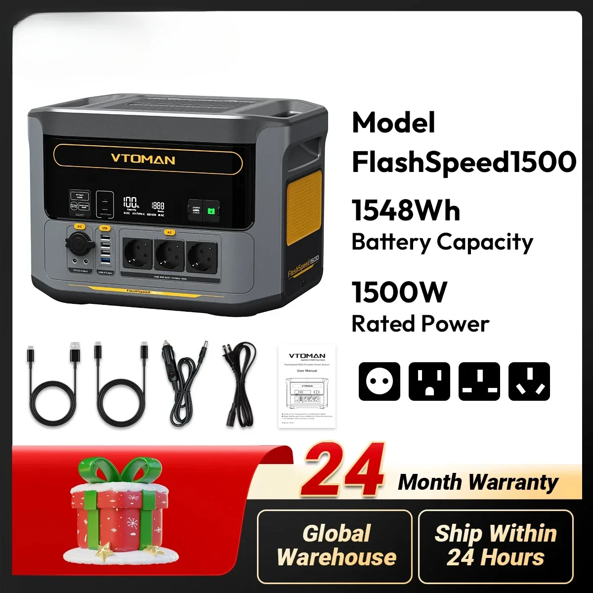 VTOMAN FlashSpeed 1500 Portable Power Station 1548Wh LiFePO4 Battery with 3000W Peak for Outdoor Camping RV Home Energy Power