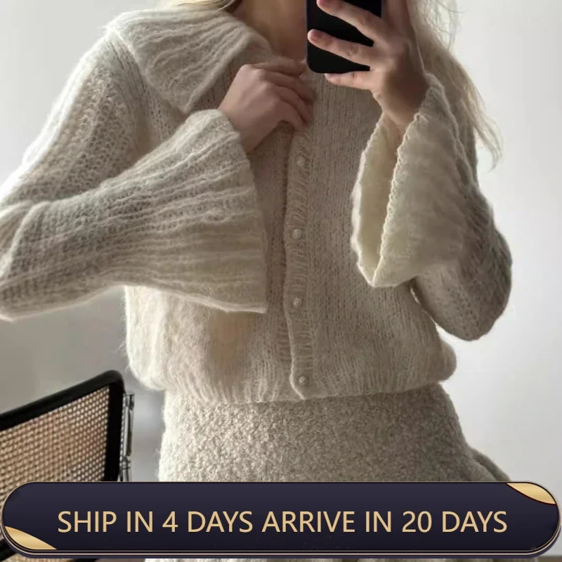 Horn Sleeve Sweater Knitted Cardigan Women's Sweet Big Collar Short High Waisted Plush Sweater 2024 Autumn Winter