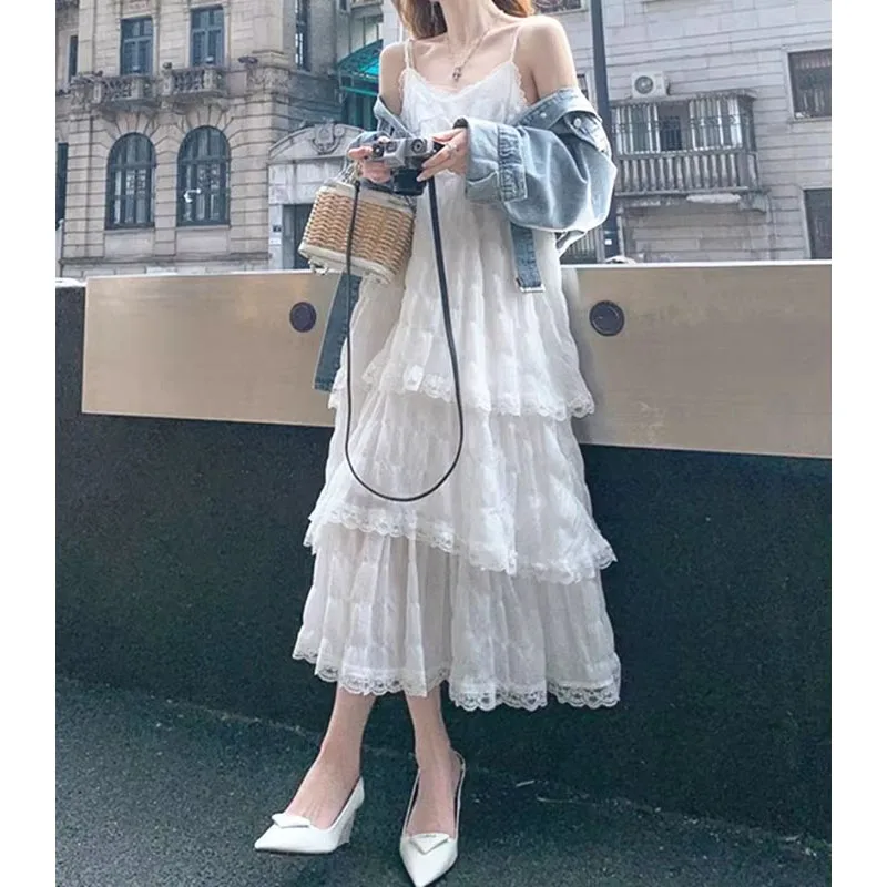 Estate Befree lungo vintage casual volant elegante maxi cinturino camis setoso spiaggia pizzo elegante abito da festa abiti donne sexy