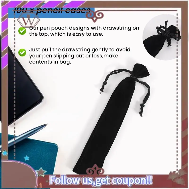 ABBG-100Pcs المخملية القلم الحقيبة السوداء الرباط حقيبة واحدة حامل قلم التعبئة والتغليف كم للمدرسة مكتب الأعمال هدية