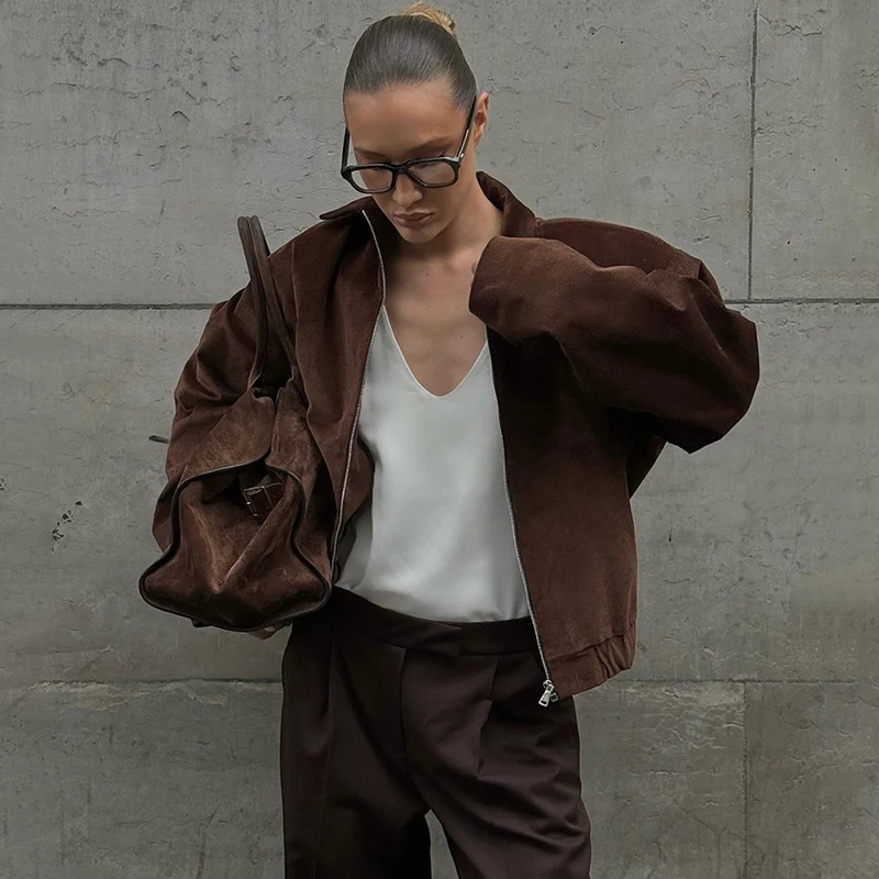 

TARUXY Retro Brown Lapel Jackets Women's Retro Lapel Zipper Long Sleeves Loose Coat Autumn Winter New Leisure Commuting Jacket