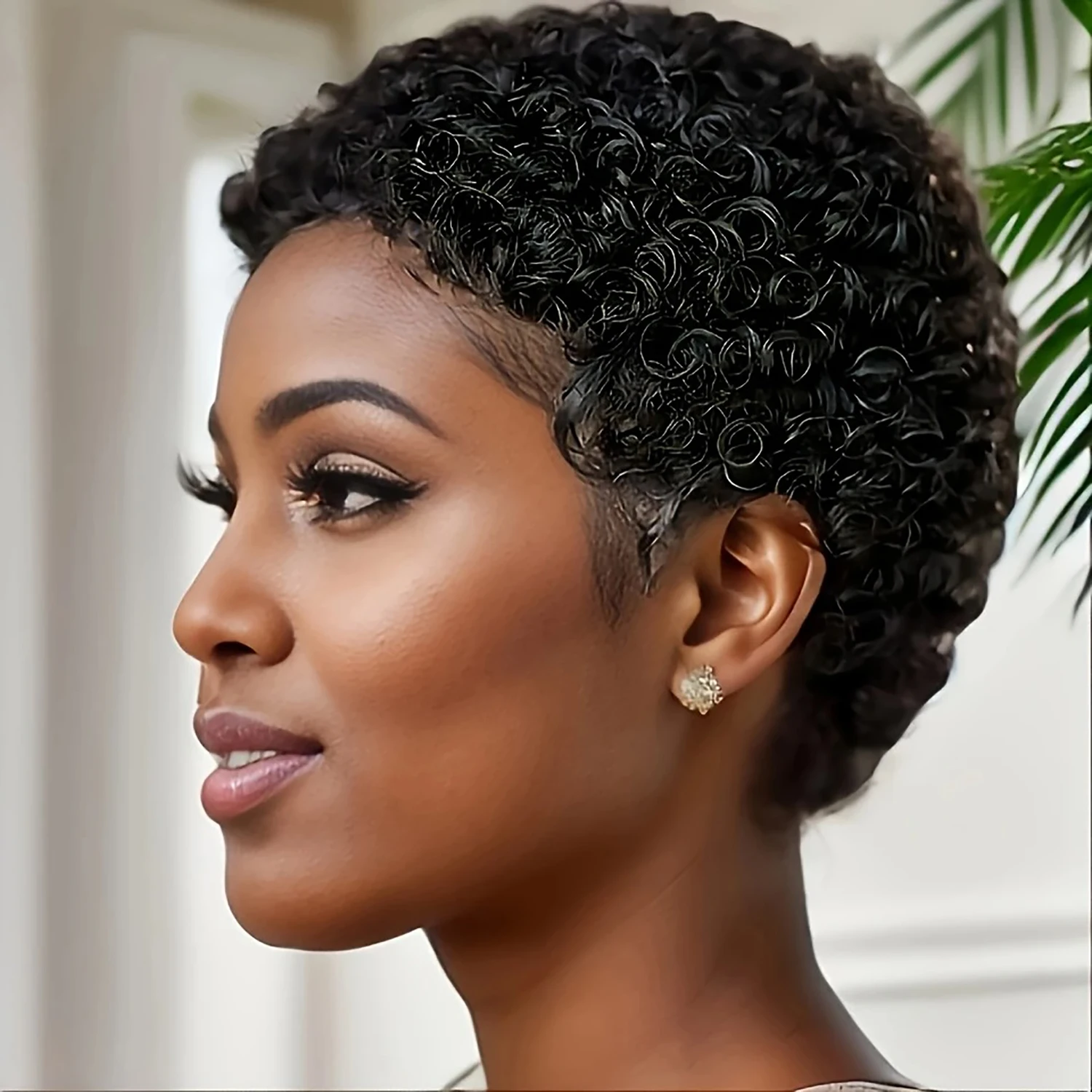 Kurze Pixie-Cut Lockenperücken aus Echthaar, brasilianisches Echthaar, maschinell gefertigte Perücken für schwarze Frauen, natürliche schwarze Lockenperücken aus Echthaar – Detail 2