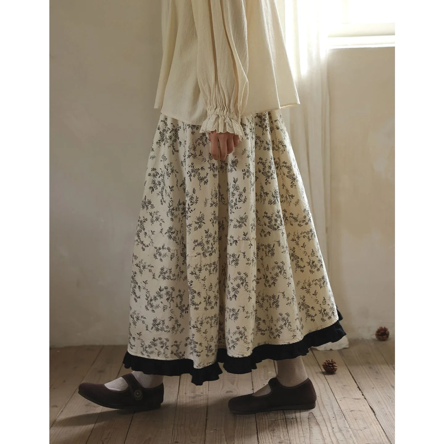 

Korean Sweet Young Women Winter Corduroy Floral Midi Skirt with Lace Ruffle Retro Elastic Waisted Flowy Skirt Women Boho Trendy