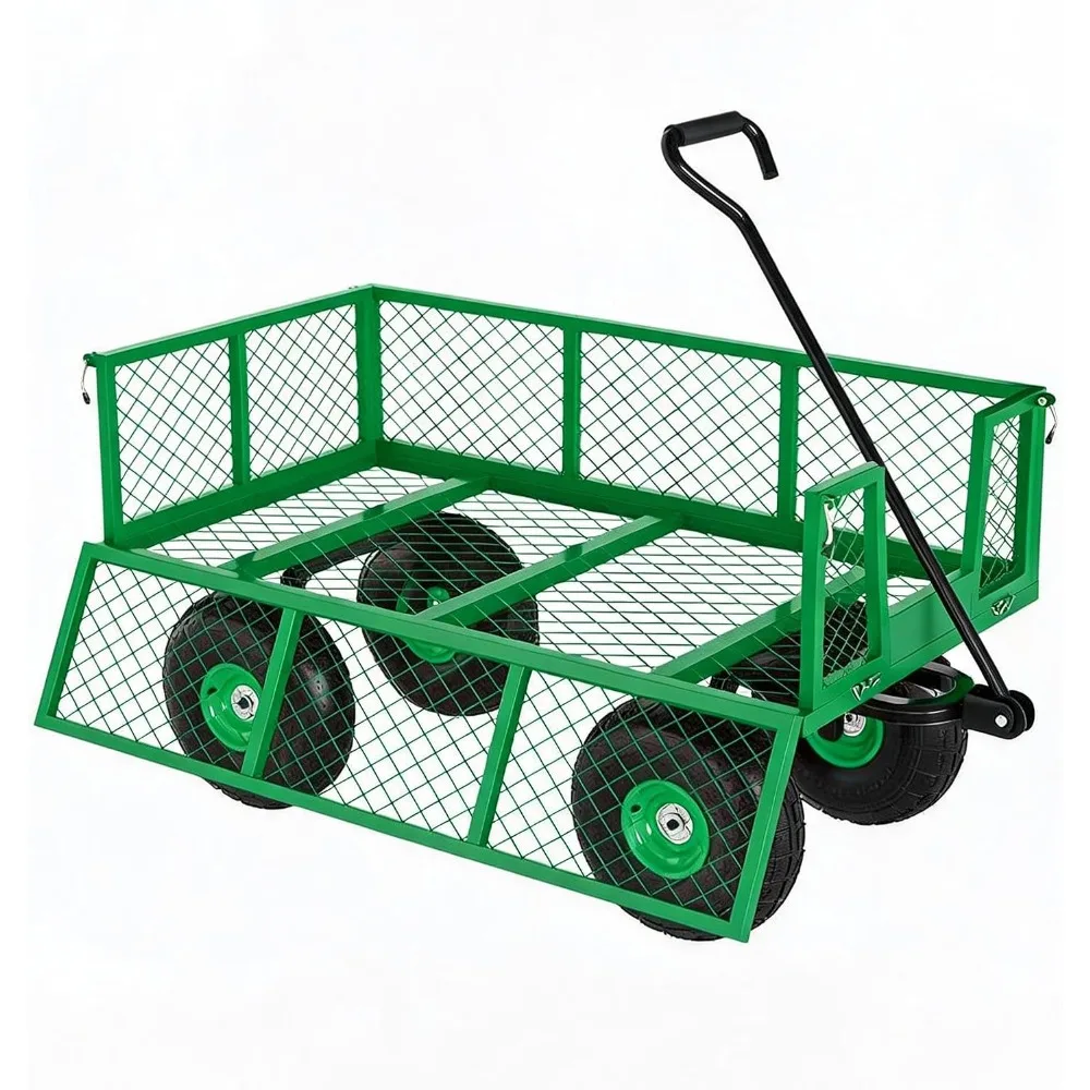 Four-Wheel Garden Cargo Cart Mesh Truck 900 LBS Capacity 2-in-1 Handle Driver Pushing Tool Cart for Outdoor Garden Work