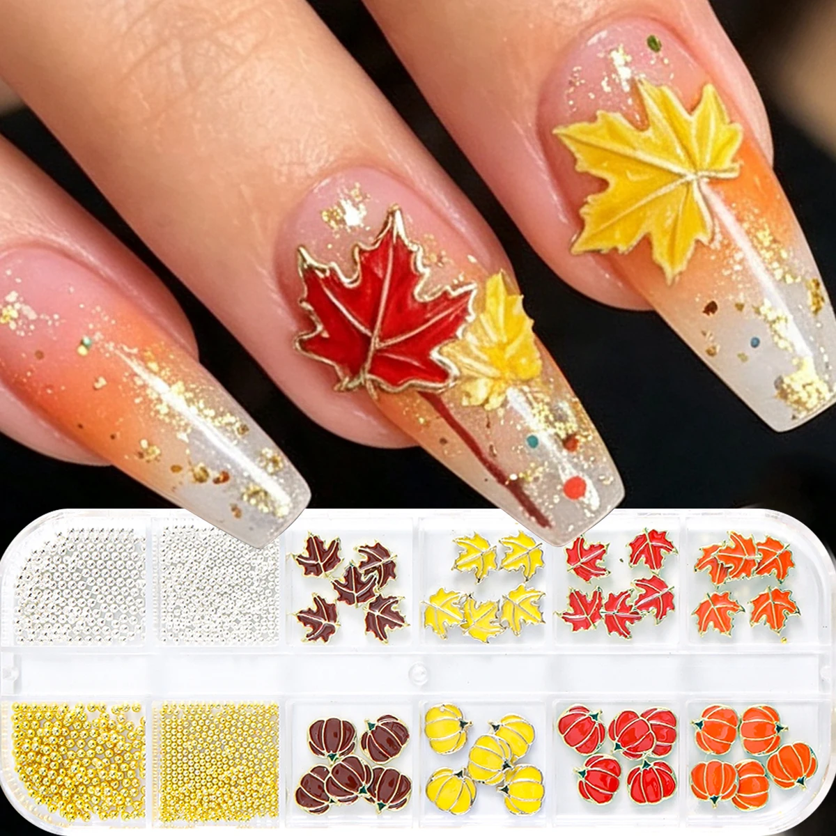 3D pumpkin and maple leaf nail charms, pearl and rhinestone nail charms; curved design fits the shape of the nail.