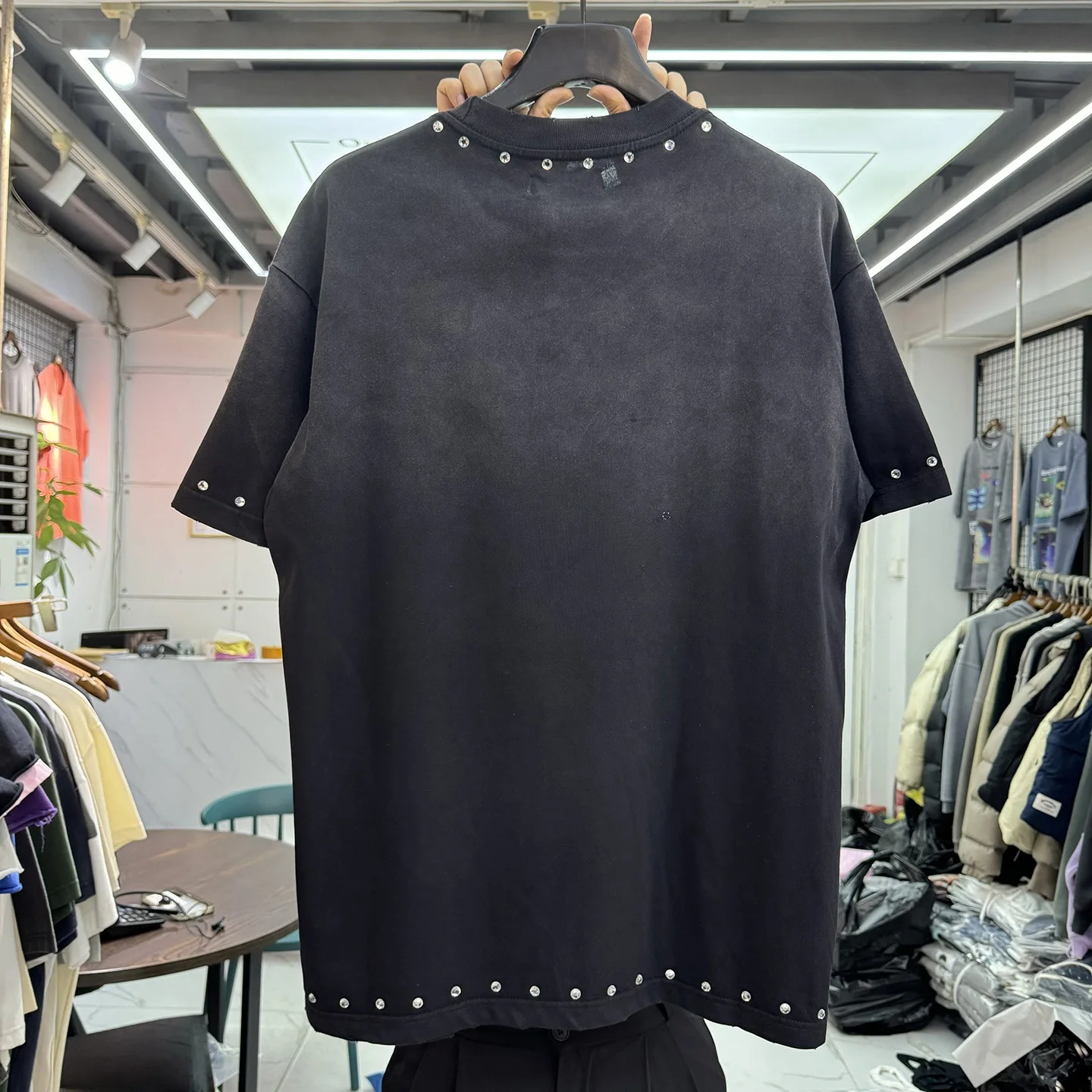 Washed Vintage Motorcycle Print T-Shirt Short Sleeve Loose Casual Top for Men And Women Diamond Studded High Street Style